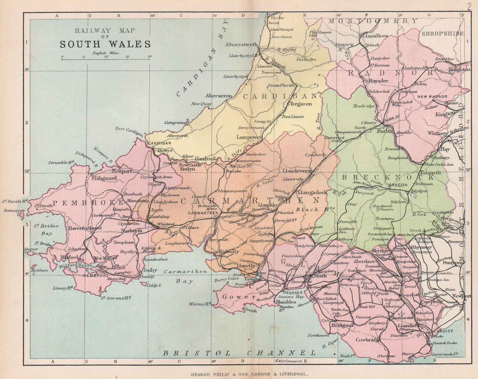WALES. Railway Map of South Wales. BARTHOLOMEW 1896 old antique plan chart
